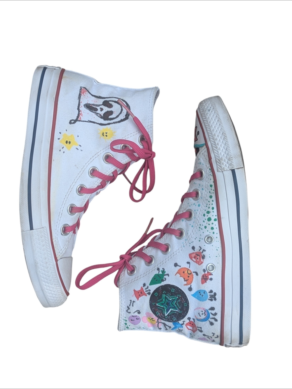 Converse All Star Women's 5.5 High-Top Sneakers White w/ Pink Laces Hand Painted - Picture 1 of 10